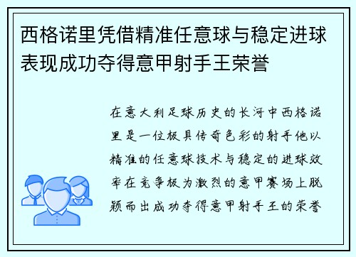 西格诺里凭借精准任意球与稳定进球表现成功夺得意甲射手王荣誉
